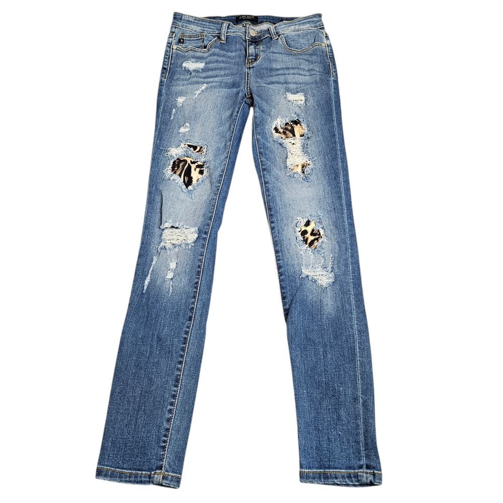 Judy Blue‎ Skinny Fit Jeans Women 5 27 Blue Distressed Leopard Patch Stretch